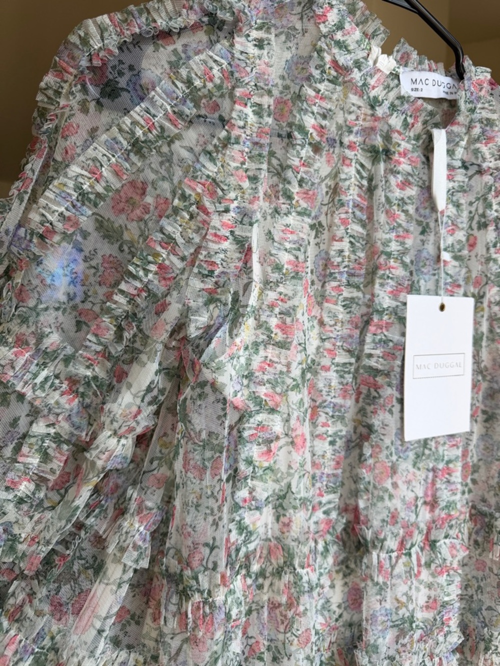 Mac Duggal Cream Floral Ruffle Tiered Skirt in Pink & Green